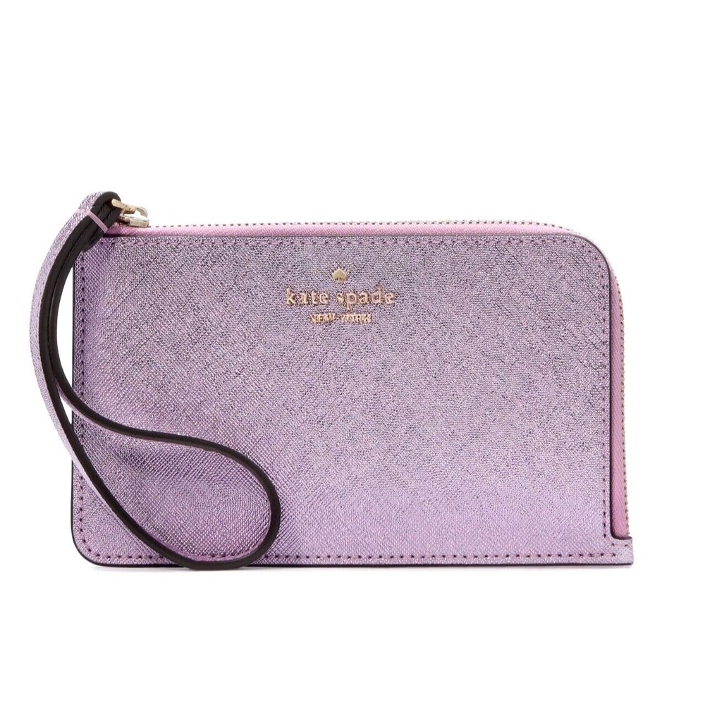 New Kate Spade Lucy Metallic Leather Small L-zip Wristlet Quartz Pink